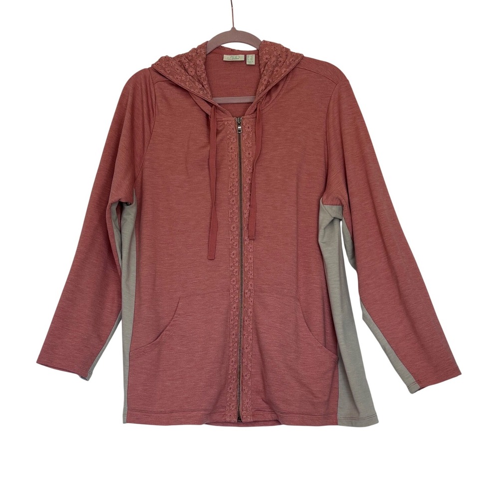 LOGO Lounge Lori Goldstein French Terry Hooded w/Waffle Lace Zip Up Pink Plus 1X